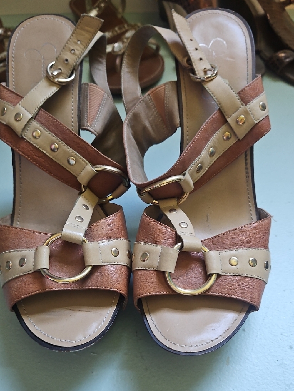 Jessica Simpson Brown & Tan Ring-Accent Strappy Heels
